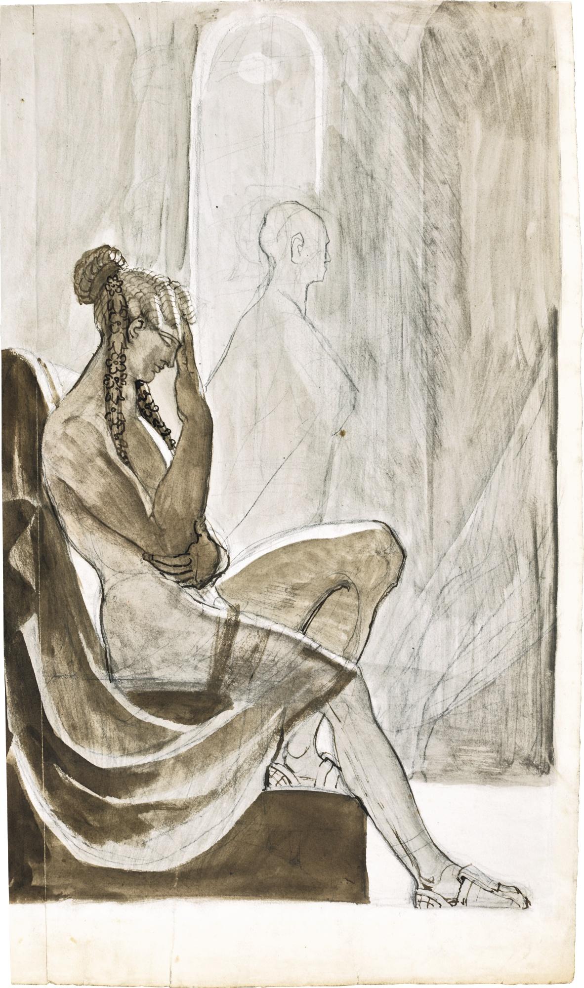 Henry Fuseli, R.A. - A Seated Woman In An Interior, A Robed Male Figure Beyond 