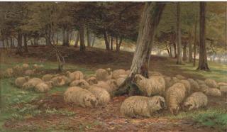 Henry Garland - A flock of sheep in a woodland