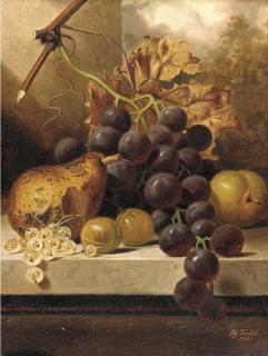 Henry George Todd - Grapes, a pear, gooseberries and an apple on a marble ledge; and Grapes, hazelnuts, and apple and a plum on a marble ledge