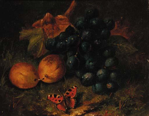 Henry George Todd - Grapes, plums and a butterfly on a mossy bank