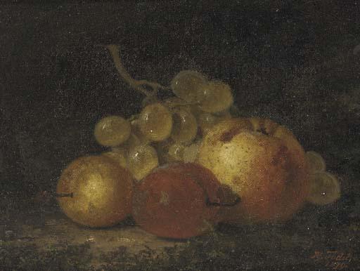 Henry George Todd - Plums, an apple and a bunch of grapes on a mossy bank; and A pear, a plum and a bunch of grapes