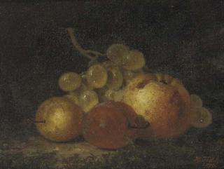 Henry George Todd - Plums, an apple and a bunch of grapes on a mossy bank; and A pear, a plum and a bunch of grapes