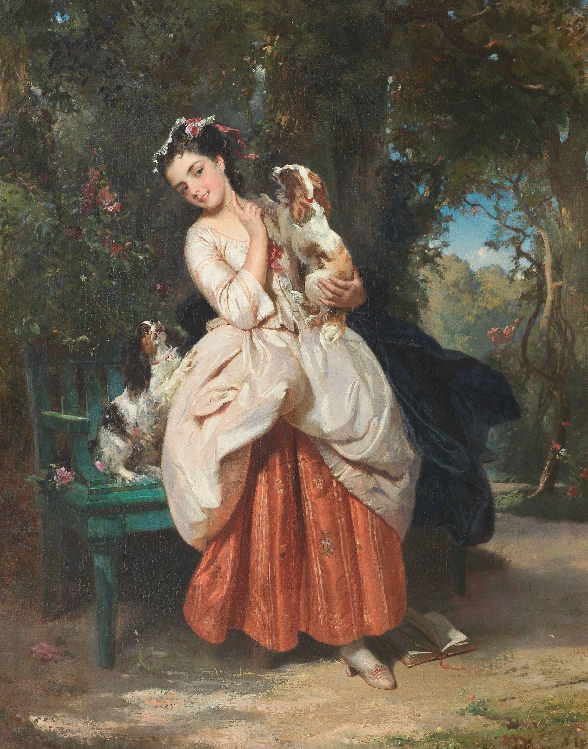Henry Guillaume Schlesinger - A Welcome Interruption, a Lady with Her King Charles Spaniels