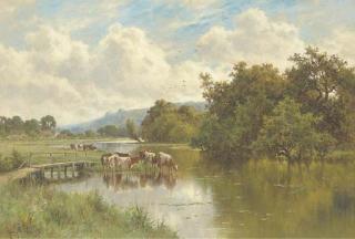 Henry H. Parker - Pangbourne, Berkshire - Cattle watering by a footbridge