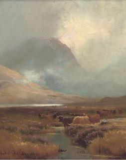 Henry Hadfield Cubley - Cattle watering in a highland landscape