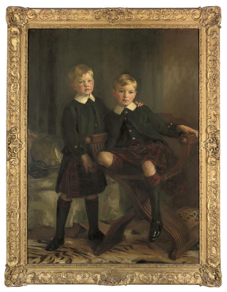 Henry Harris Brown - Double portrait of Alex and Denys Tulloch, full-length, in traditional Scottish dress, in an interior
