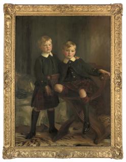 Henry Harris Brown - Double portrait of Alex and Denys Tulloch, full-length, in traditional Scottish dress, in an interior