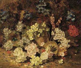 Henry J. Livens - Spring blossom and a bird\'s nest with eggs on a mossy bank