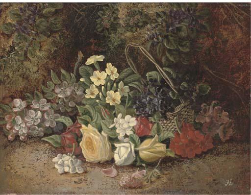 Henry J. Livens - Summer flowers in a wicker basket, on a mossy bank