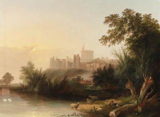 Henry John Boddington - A shepherd with his flock on the Thames, Windsor Castle beyond