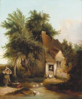 Henry John Boddington - Figures before a cottage in a wooded landscape