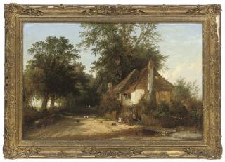 Henry John Boddington - Figures before a cottage on a wooded lane