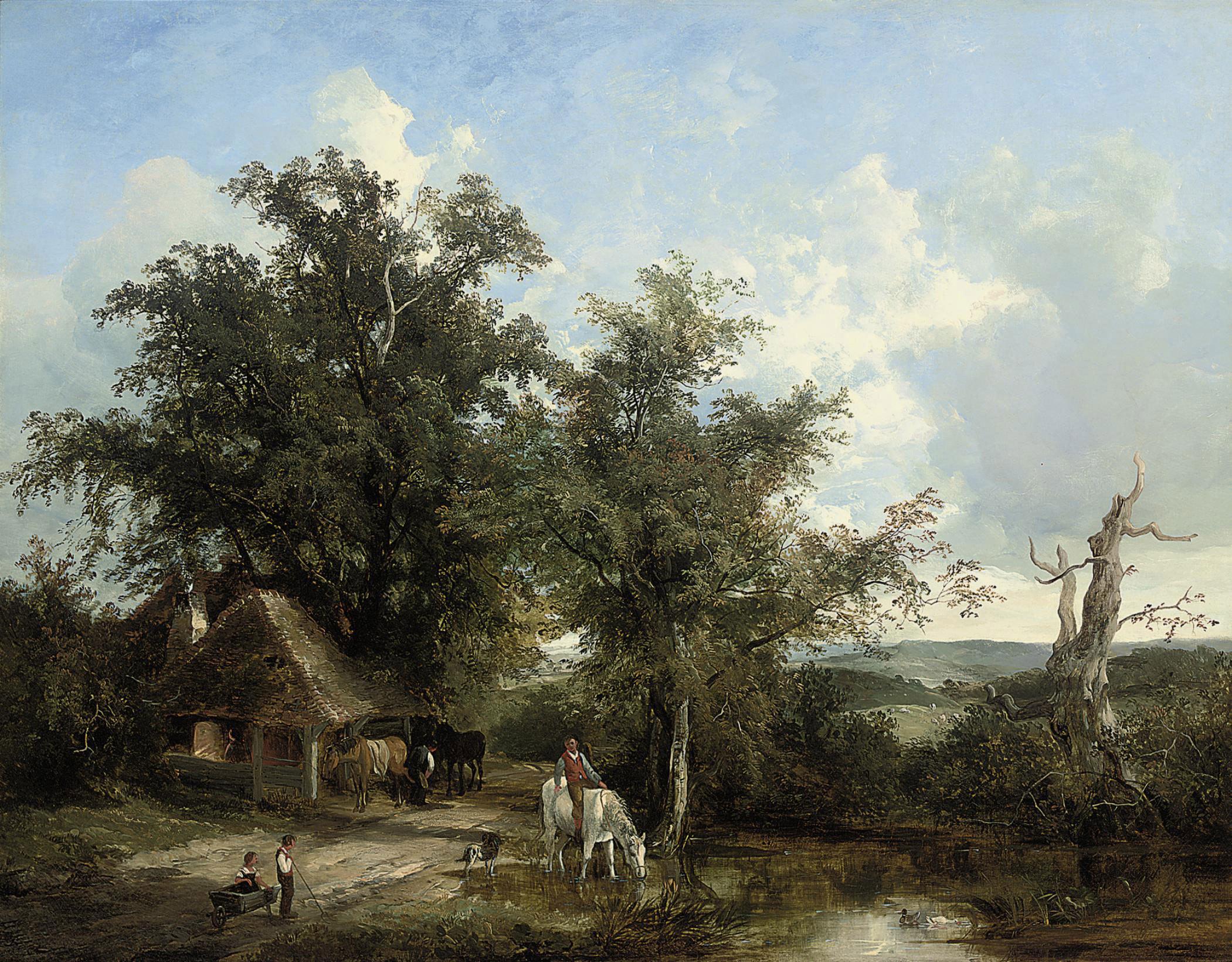 Henry John Boddington - Figures watering a horse beside a country road