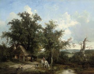 Henry John Boddington - Figures watering a horse beside a country road