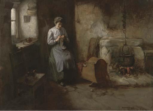 Henry John Dobson, R.S.W. - Knitting Socks, A Mother And Baby In A Kitchen Interior