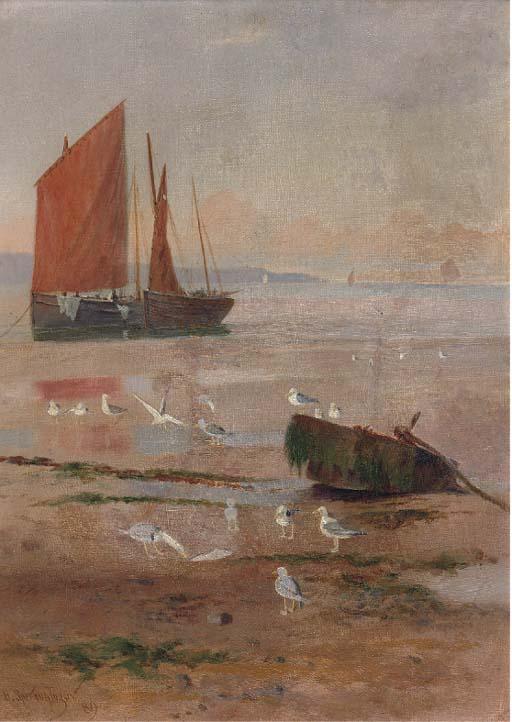 Henry John Spernon Tozer - Seagulls On Beach At Low Tide With Fishing Boats On The Shore