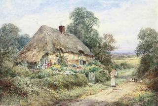 Henry John Sylvester Stannard, R.B.A. - A mother with her child and a kitten before a thatched cottage
