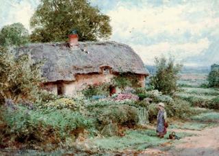 Henry John Sylvester Stannard, R.B.A., - A young girl before a thatched cottage