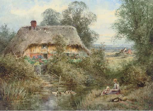 Henry John Sylvester Stannard, R.B.A. - Two children sitting on a riverbank before a thatched cottage