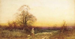 Henry John Sylvester Stannard - A shepherd and sheep on a country lane at sunset