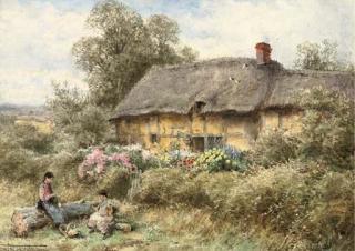 Henry John Sylvester Stannard - Children spinning wool before a thatched cottage