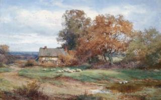 Henry John Sylvester Stannard - Ducks In A Pond With Sheep In A Field And A Cottage Beyond