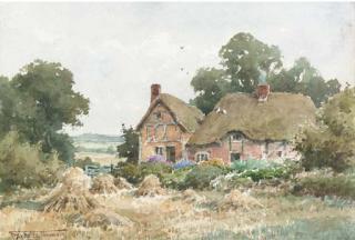 Henry John Sylvester Stannard - Thatched Cottages By A Hayfield