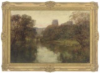 Henry John Yeend King, R.B.A., V.P.R.I., R.O.I. - A rowing boat on the river Avon, Warwick Castle beyond