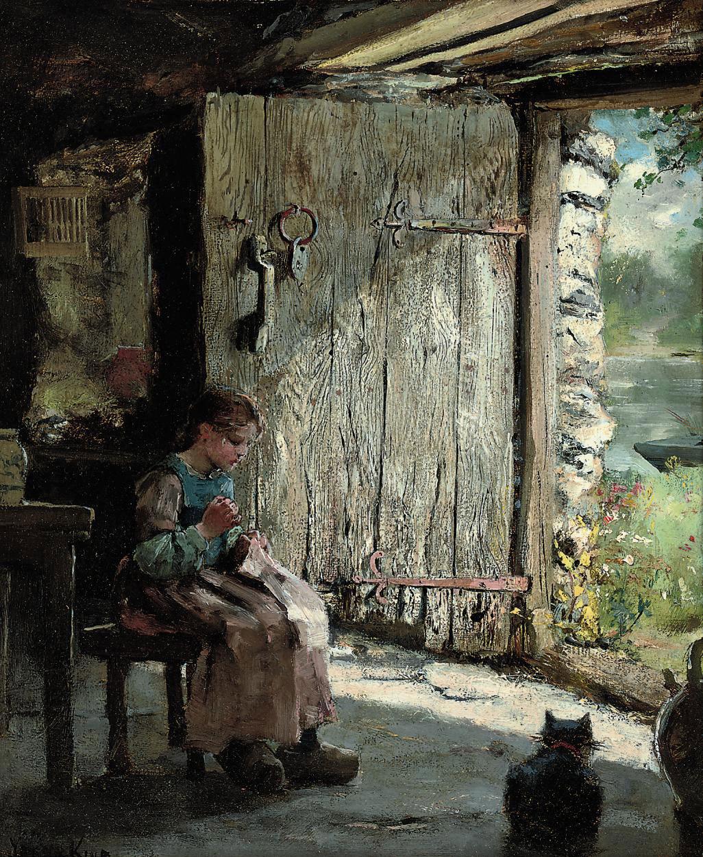 Henry John Yeend King, R.B.A., V.P.R.I., R.O.I. - Sewing at the cottage door