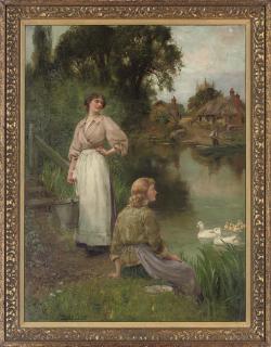 Henry John Yeend King - Feeding the ducks, a summer day by the river