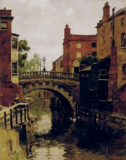 Henry John Yeend King - Young boy angling on the bank of a canal in a town