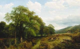 Henry Jutsum - A herd of deer in a wooded river landscape, near Kenilworth