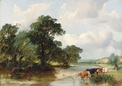 Henry Jutsum - Cattle watering in a wooded river landscape