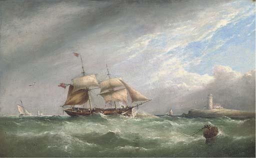 Henry King Taylor - A merchant brig heaving-to off a lighthouse