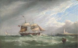 Henry King Taylor - A merchant brig heaving-to off a lighthouse