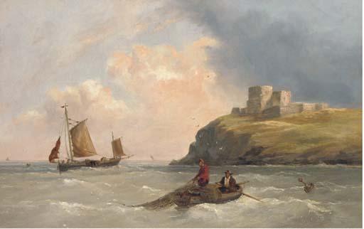Henry King Taylor - Fishermen pulling in their nets off a fortified headland
