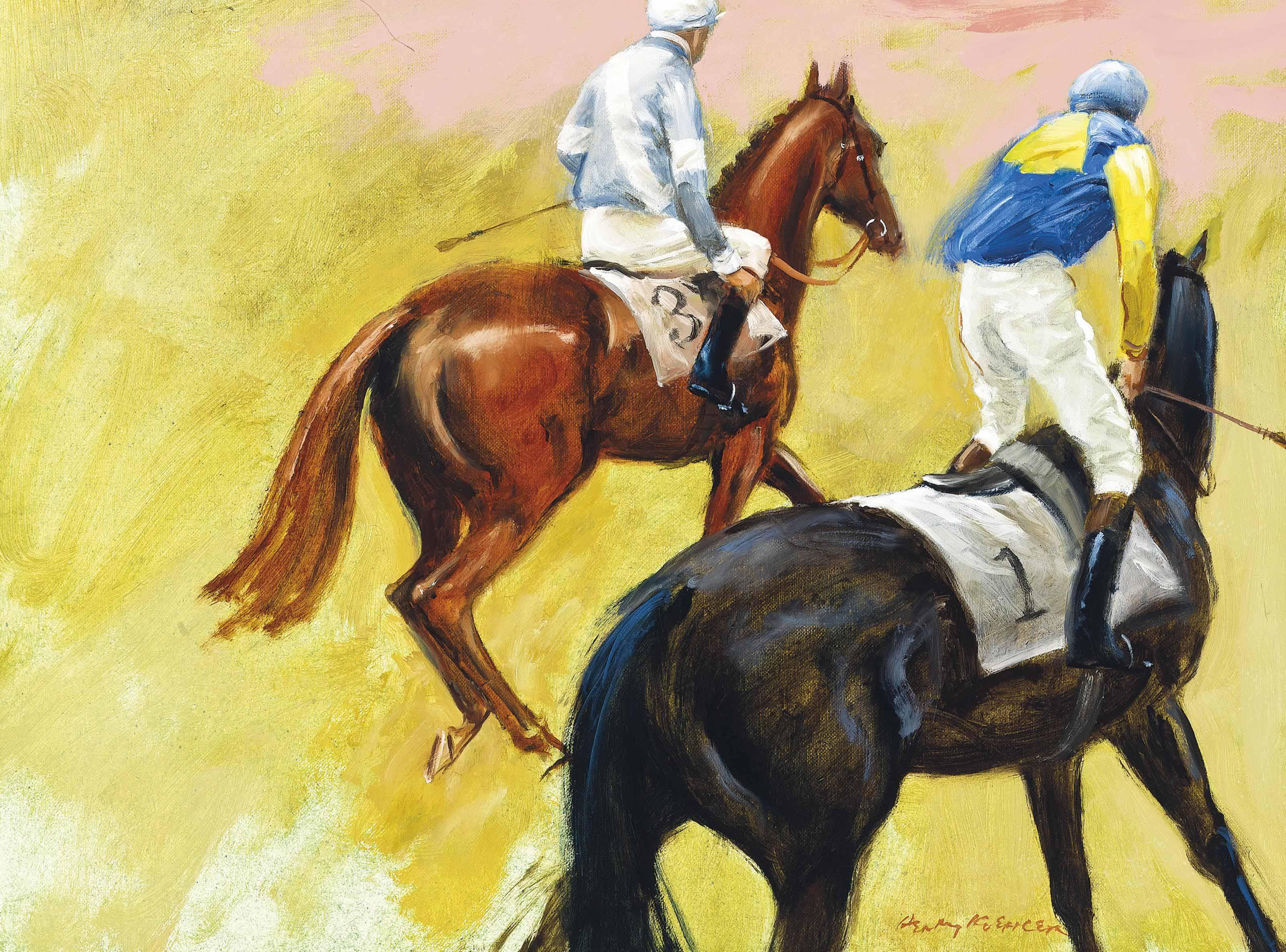 Henry Koehler - Steeplechasers jogging out in the colours of Arcadia Stable and Northwoods Stable