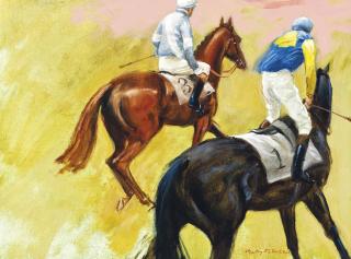 Henry Koehler - Steeplechasers jogging out in the colours of Arcadia Stable and Northwoods Stable