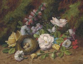 Henry Livens - Summer Flowers And A Bird\'S Nest With Eggs On A Mossy Bank