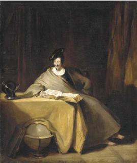Henry Liverseege - An elegant figure seated at a table reading a book, with symbols of the active and contemplative lives