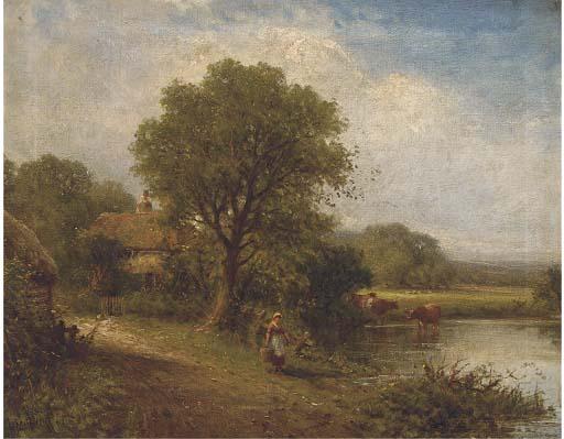 Henry Maidment - A Young Woman By A Pool With Cattle Watering And A Cottage Beyond