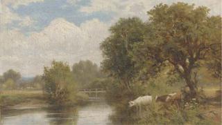Henry Maidment - Cattle Watering; And A Shepherd With His Flock On A Lane