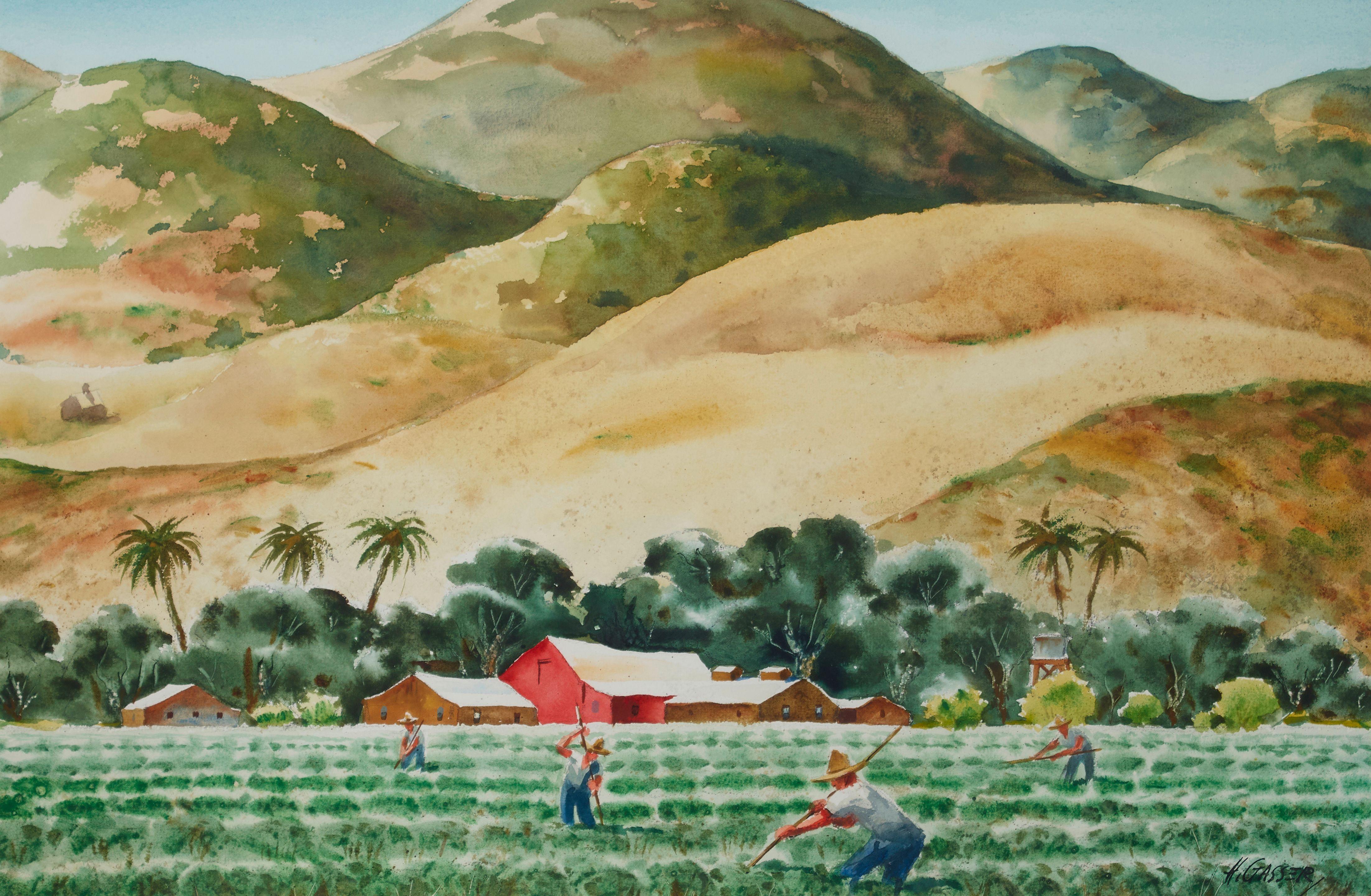 Henry Martin Gasser - Field Workers Near Ventura sight 14 x 21 1/4 in. framed 25 x 32 in.