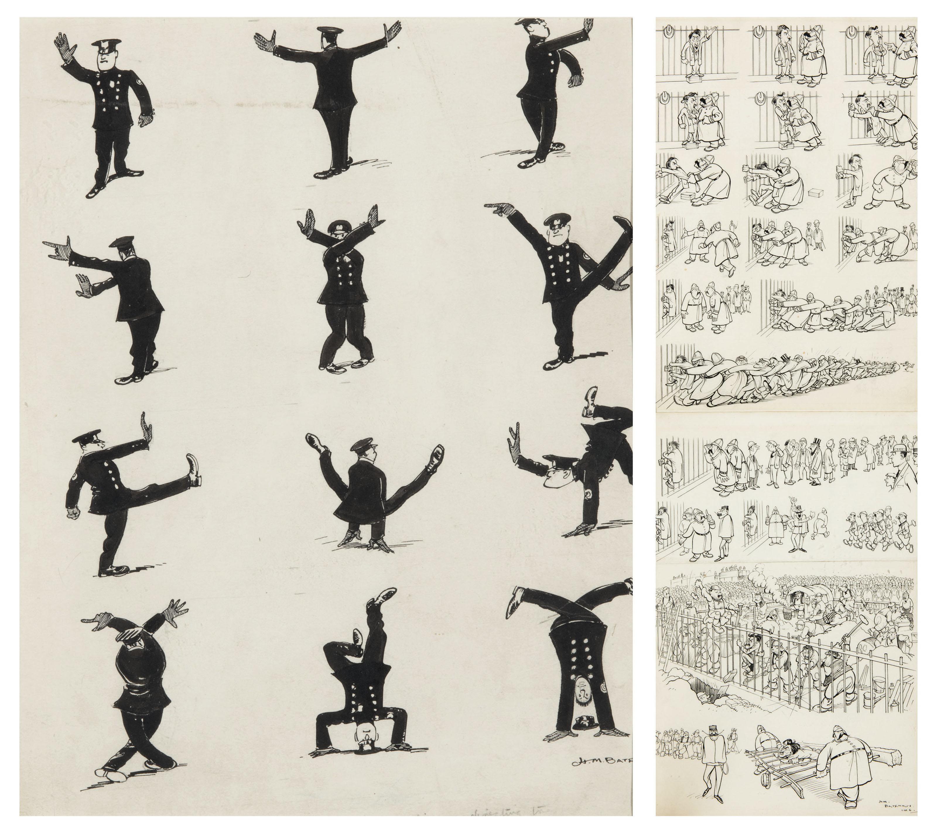 Henry Mayo Bateman - Impressions of a New York policeman directing traffic (i); and The Prisoner, when arrested, clung to the railings (ii)