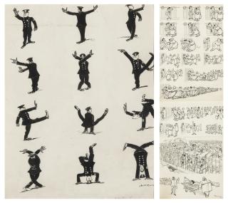 Henry Mayo Bateman - Impressions of a New York policeman directing traffic (i); and The Prisoner, when arrested, clung to the railings (ii)