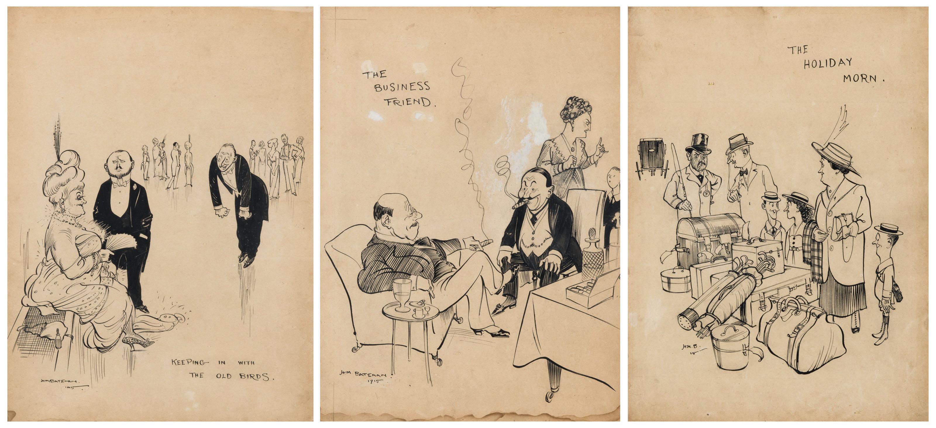 Henry Mayo Bateman - Keeping in with the Old Birds (i); The Business Friend (ii); The Holiday Morn (iii)