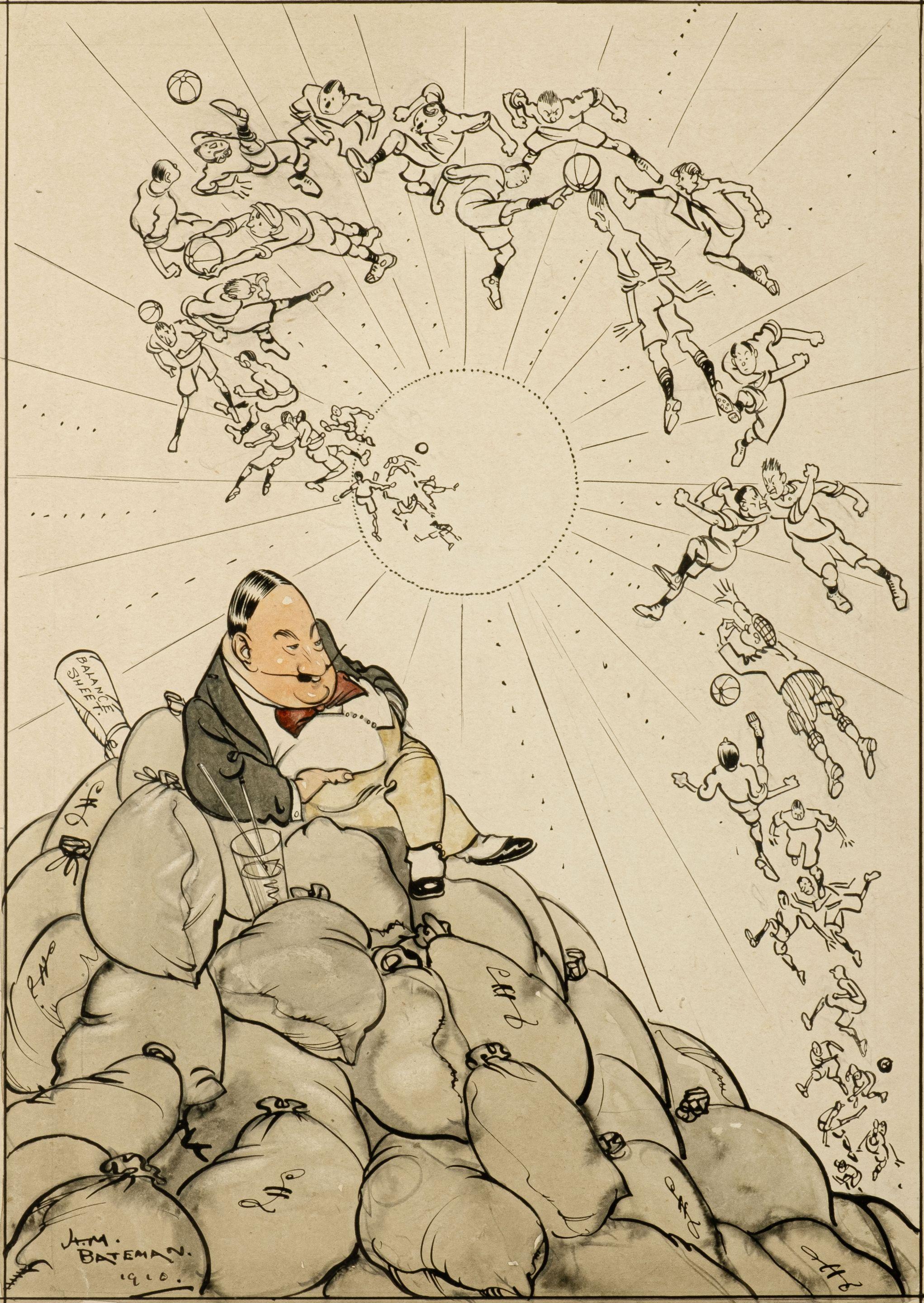 Henry Mayo Bateman - Summer Pastimes, Ltd. Secretary of a Football Company (on the Grand Stand): \'Yes it\'s a bit hot – but then look at the gate, boys!\'