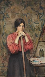 Henry Meynell Rheam - Study of a girl in the artist\'s studio standing before a tapestry
