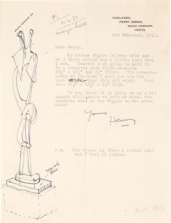Henry Moore - Letter With Drawing Of Sculpture