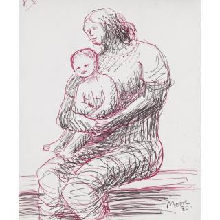 Henry Moore - Mother And Child: Three Quarter To Left - Recto Mother And Child Studies - Verso